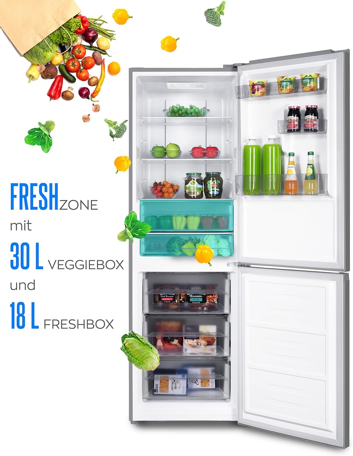 Heinrich´s Kühlgefrierkombination 323L, Kühlvolumen 219L, Gefriervolumen104L, LED Beleuchtung, Türanschlag wechselbar, leise 39 dB, große Tiefkühlboxen, 7 Temperaturstufen, Inox, effizient
