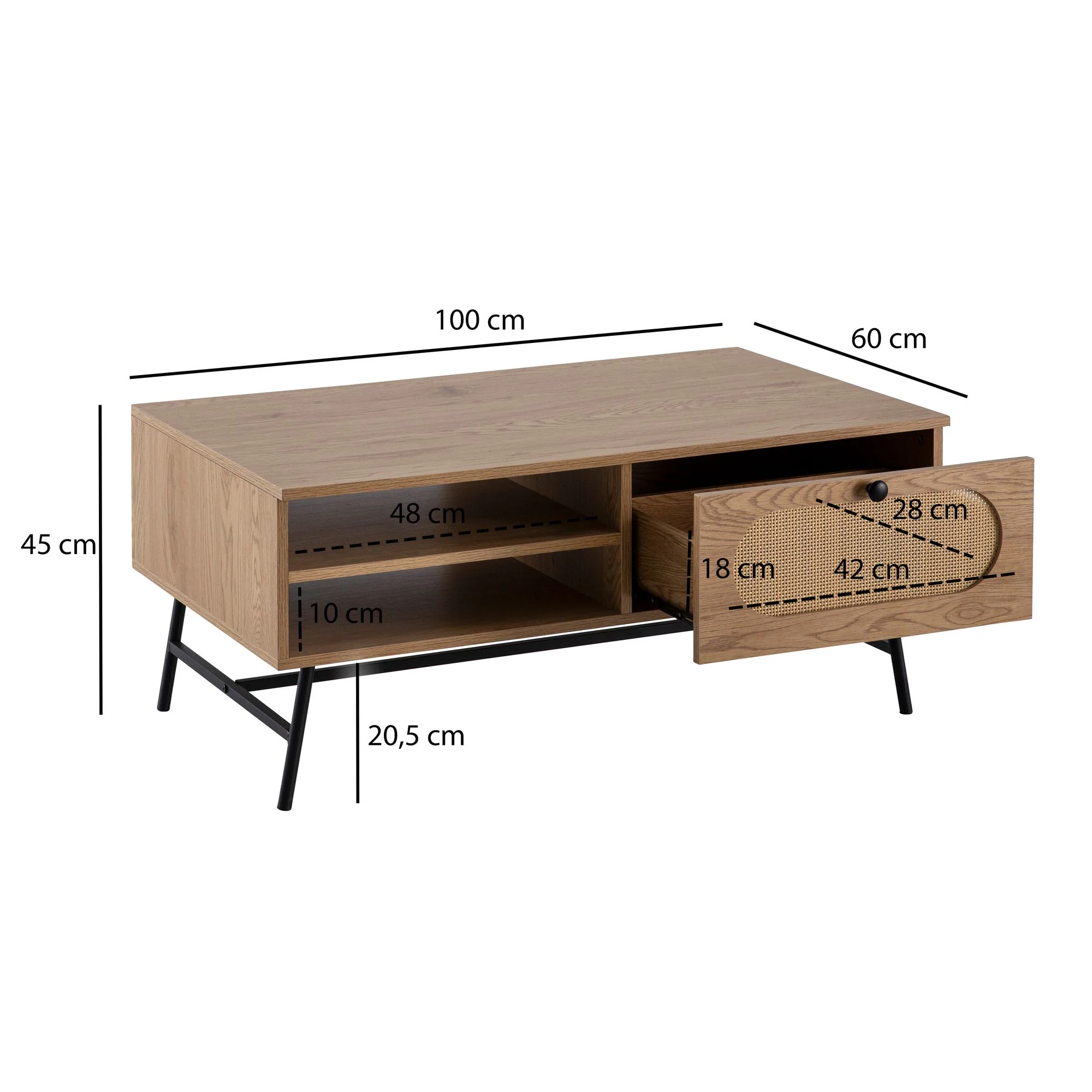Couchtisch FineBuy Sofatisch Schublade Rattan 100 cm Wohnzimmertisch Stauraum