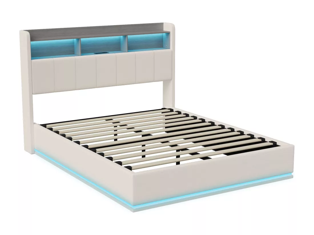 Lit coffre double 140 x 200 cm, tête de lit avec rangements et bande lumineuse LED, chargement USB, velours blanc, sommier à lattes, structure en métal, lit tapissé hydraulique - Blanc