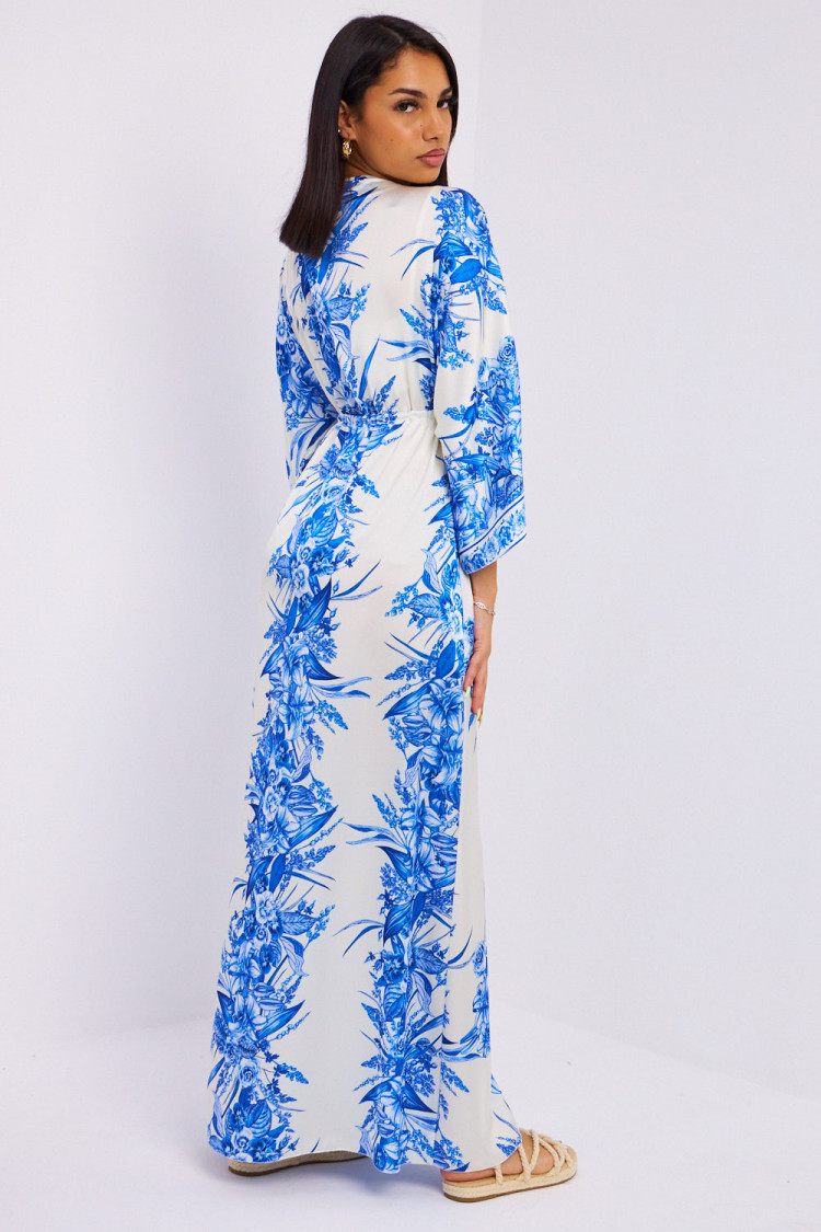 Robe chemise bleue à fleurs col v