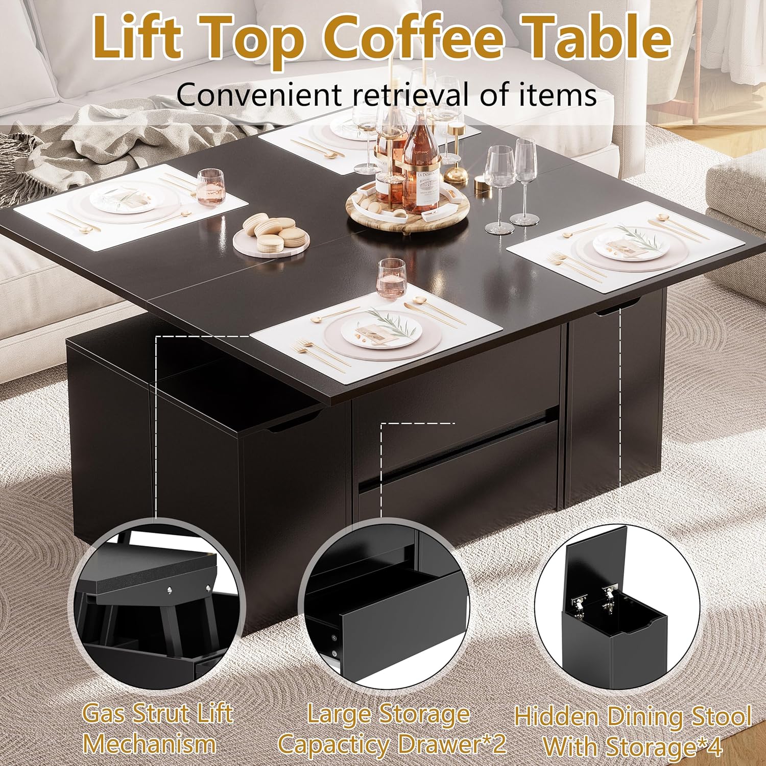 Couchtisch Umwandelbar in Wohnzimmer-Esstisch, 4 in 1 Couchtisch Höhenverstellbar, Multifunktions-Wohnzimmertisch mit Schublade & verstecktem Fach, Sofatisch Kaffeetisch Esstisch mit 4 Hockern,Schwarz