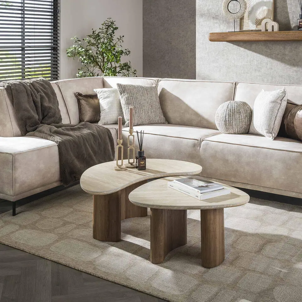 Salontafel Set van 2 - Organisch Travertin - Beige/Hout - Organic