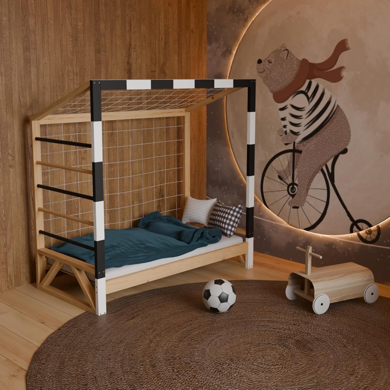 HAGO24 | Kinderbett Fußballtor | Kiefernholz | 70x140cm | Tornetz | Kletterstangen | Lattenrost | Holzrahmen | Kickerbett | Schwarz Weiß | Belastbar 80kg