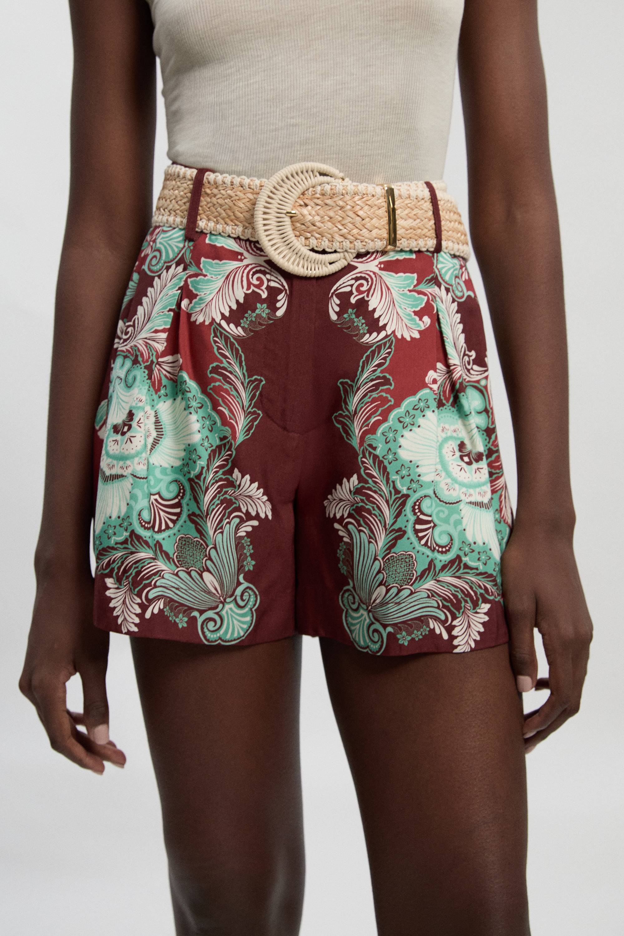 KarenMillen Short City Tissé À Imprimé Viscose Lin Miroité Avec Ceinture En Raphia