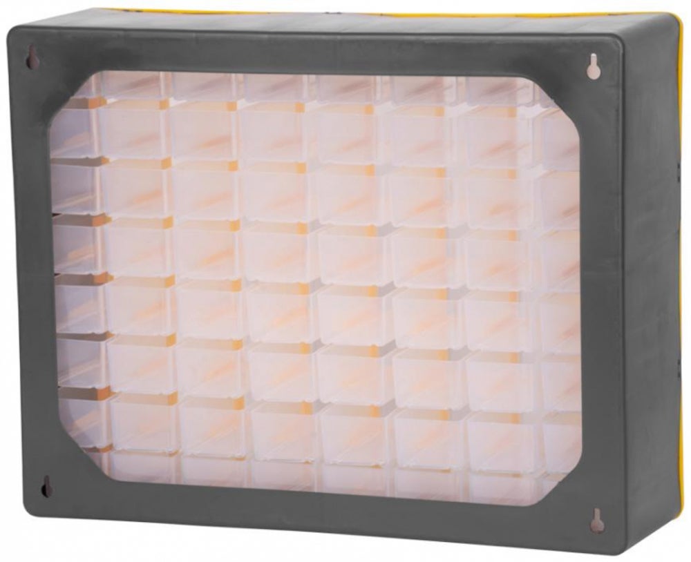 PROREGAL Cosimo opbergkast voor kleine onderdelen met 64 laden, grijs/geel, HxBxD 39 x 50 x 16 cm, plank voor kleine onderdelen, assortimentsdozen, plank voor assortimentskisten
