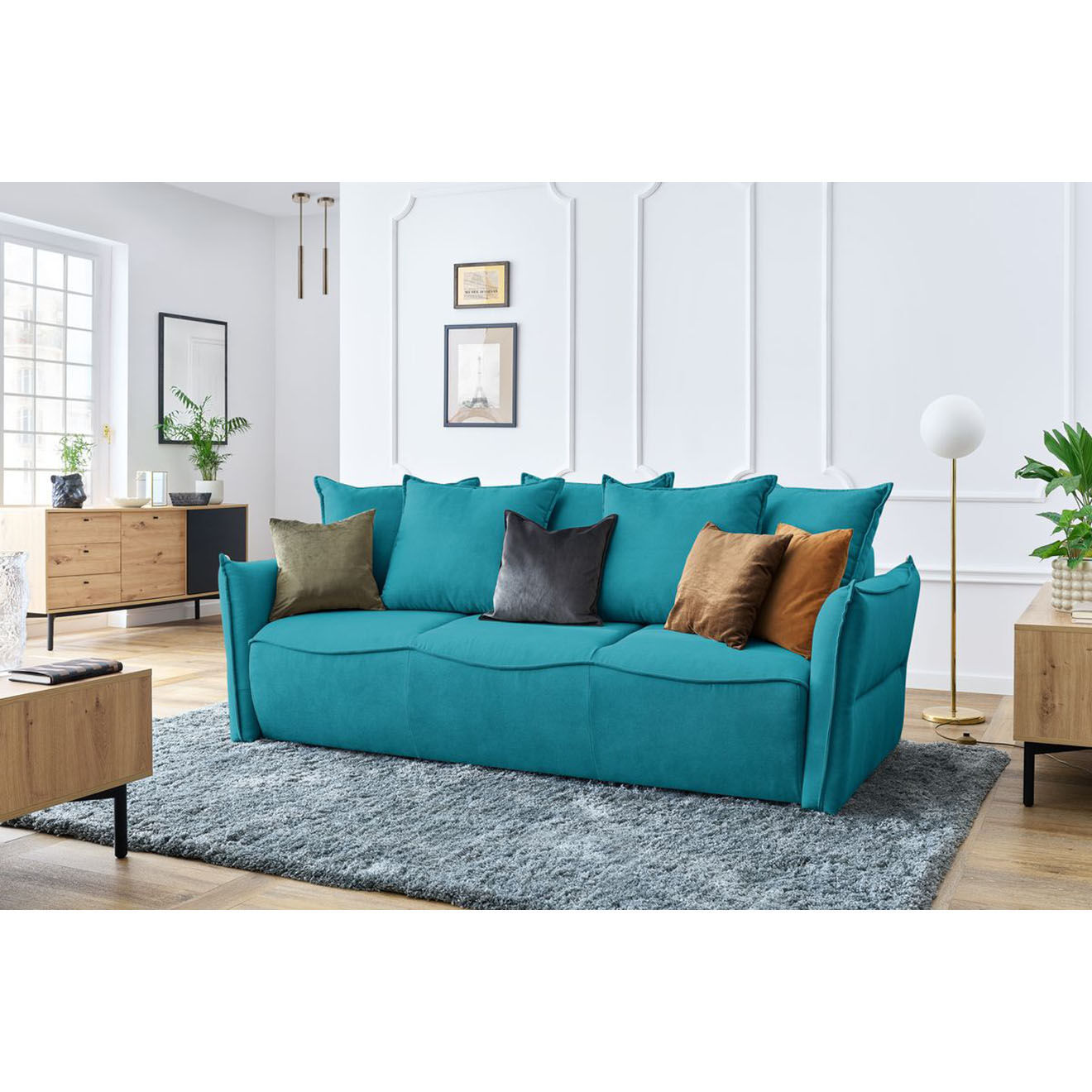 Bobochic Canapé 3 places convertible coffre Bouclette Leon bleu foncé - 226x97x90 cm