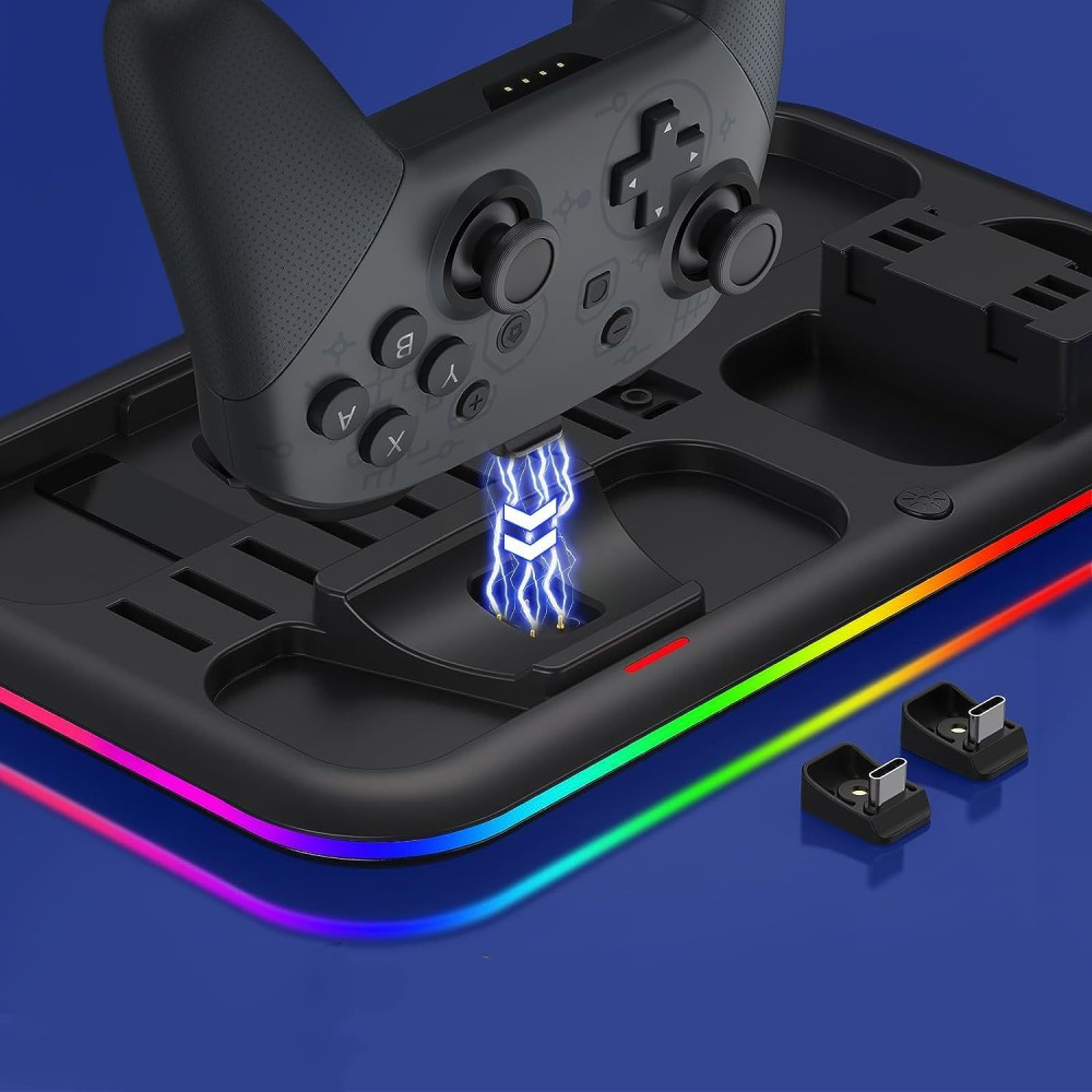 (5-fach) Ladestation Charging Dock für Nintendo Switch / OLED Joy-Con und Pro Controller   Spielehalterung mit RGB Beleuchtung - Weiss