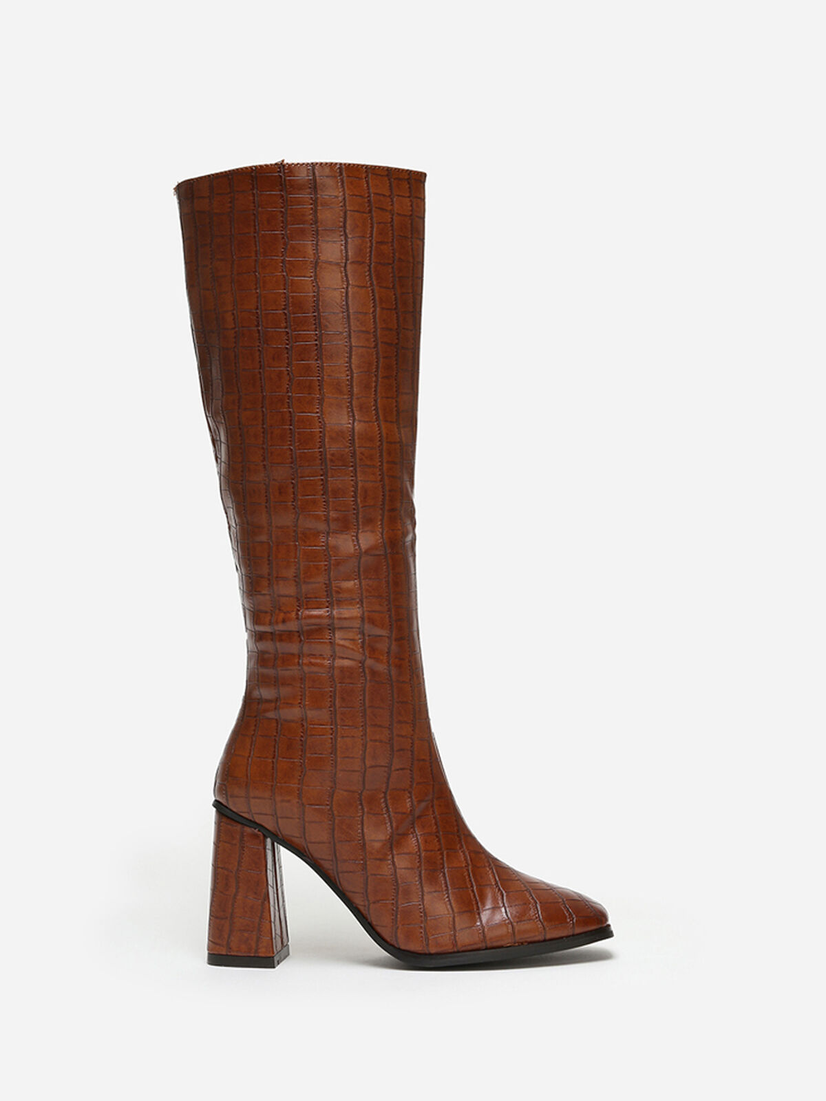 Bottes effet croco à bout carré- Marron
