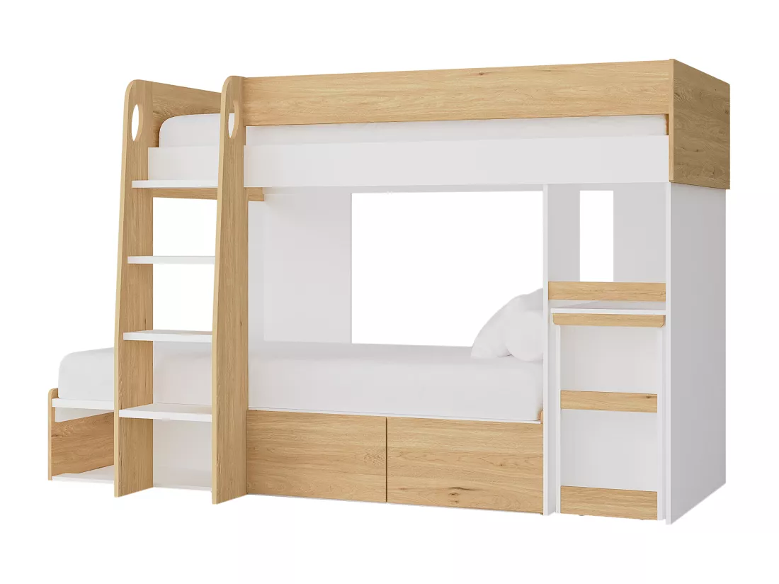Lits superposés 2 x 90 x 190 cm avec bureau et rangements - Coloris : Naturel et blanc + Matelas - LOMIDEN