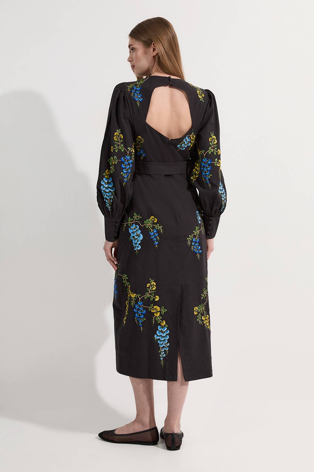 KarenMillen Robe midi tissée en lin-coton brodée de motifs floraux
