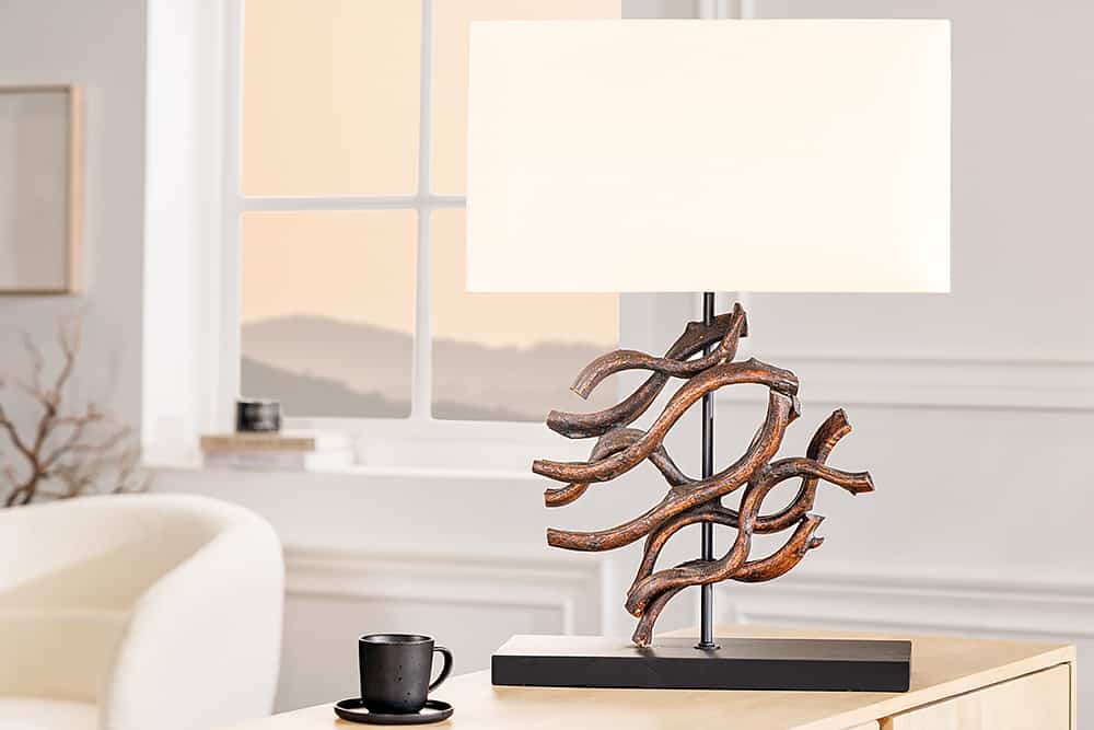 Design Tischlampe WAVE 60cm natur Massivholz handmade beige Baumwollschirm