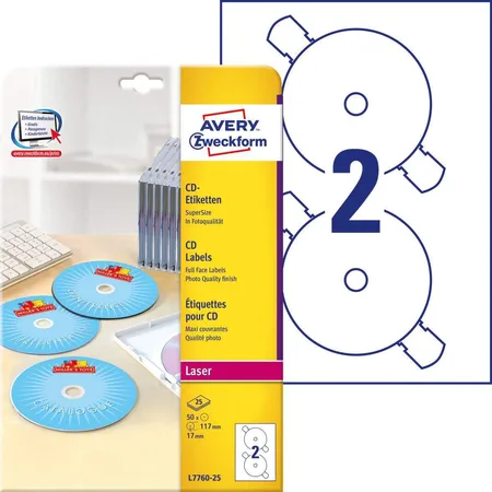 Avery Zweckform L7760-25 CD-Etiketten SuperSize,A4 Ø 117 mm, 25 Bogen/50 Etiketten, weiß
