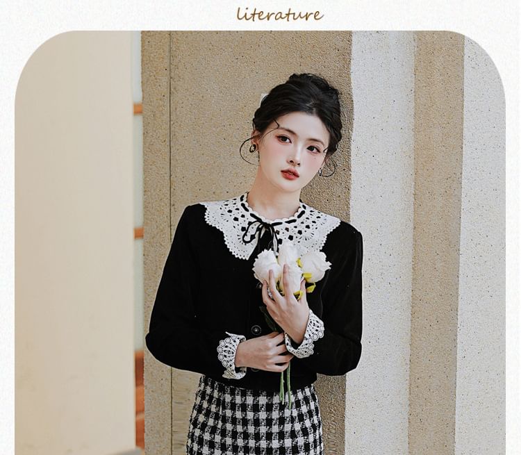 Cocaliso - Effen vest met kanten kraag / Geruite midi-rok met hoge taille / Set