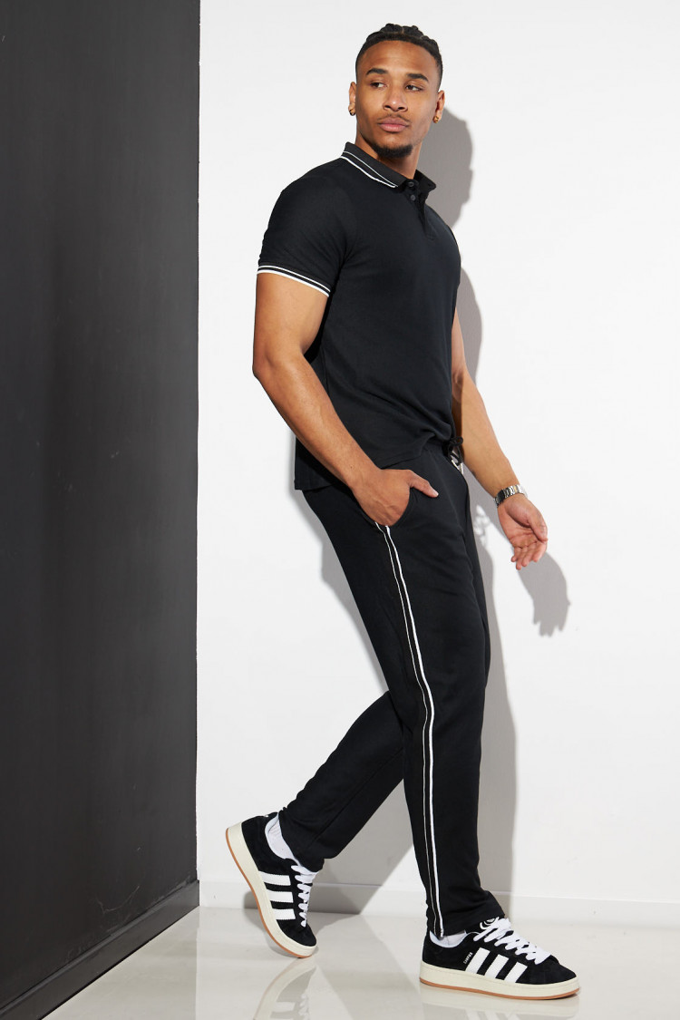 Ensemble 2 pièces polo + pantalon noir à détail blanc