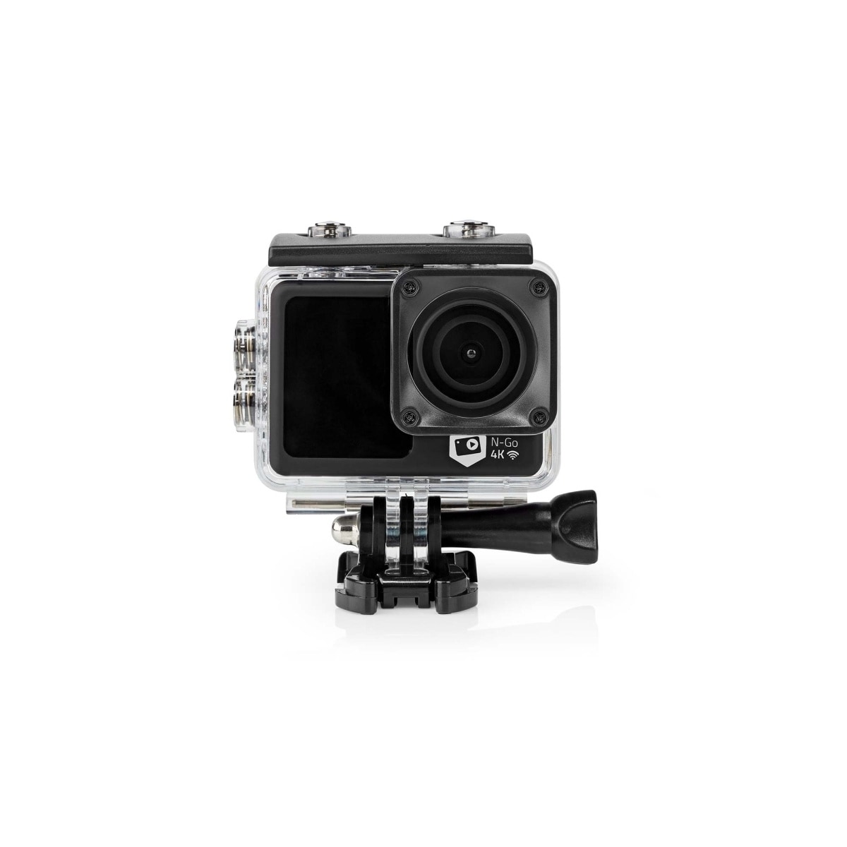 Nedis handling Cam | Dobbel Skjerm | 4K@30fps | 16 MPixel | Vanntett opptil: 30.0 m | 90 min | Wi-Fi | App tilgjengelig for: Android™ / IOS | Montering inkludert | Sort