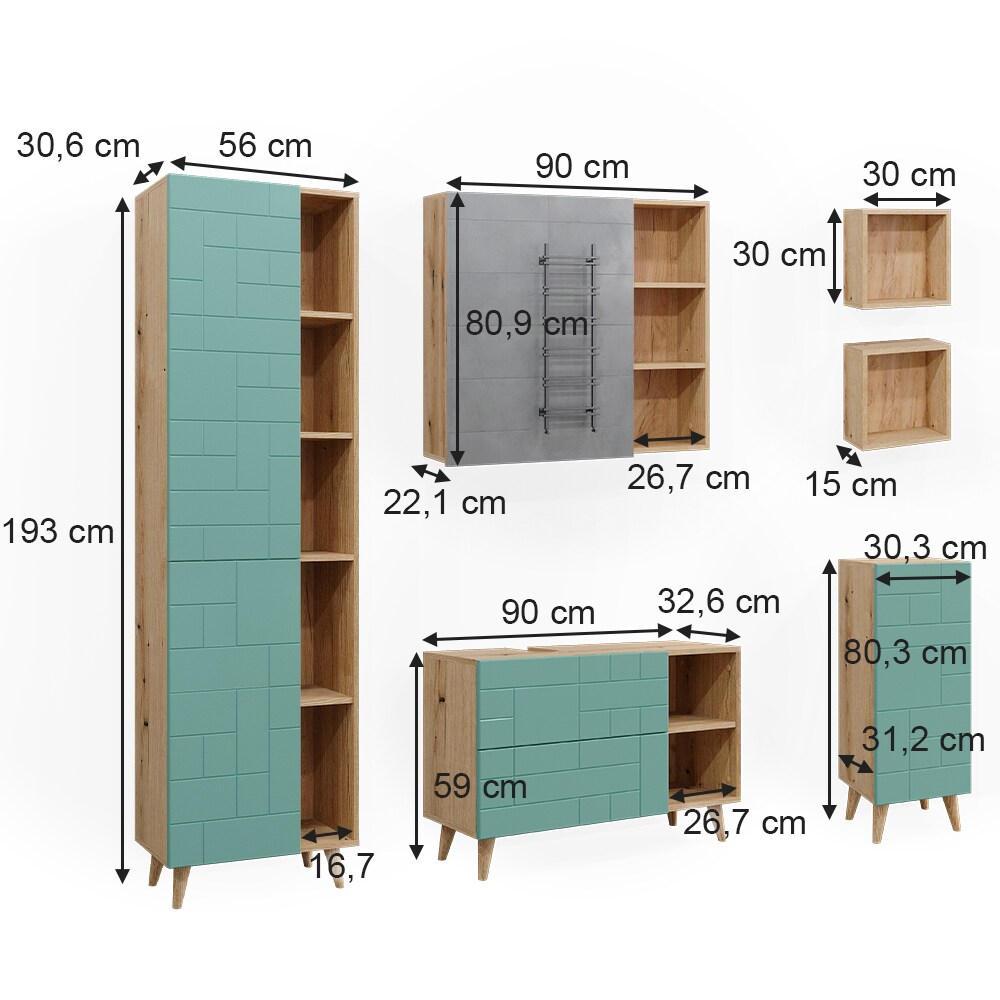 Vicco Badmöbel-Set Rudi in Eiche Evoke Mintgrün, Badezimmer, moderne Badserie Waschbeckenunterschrank Spiegelschrank Midischrank Hochschrank Wandregal