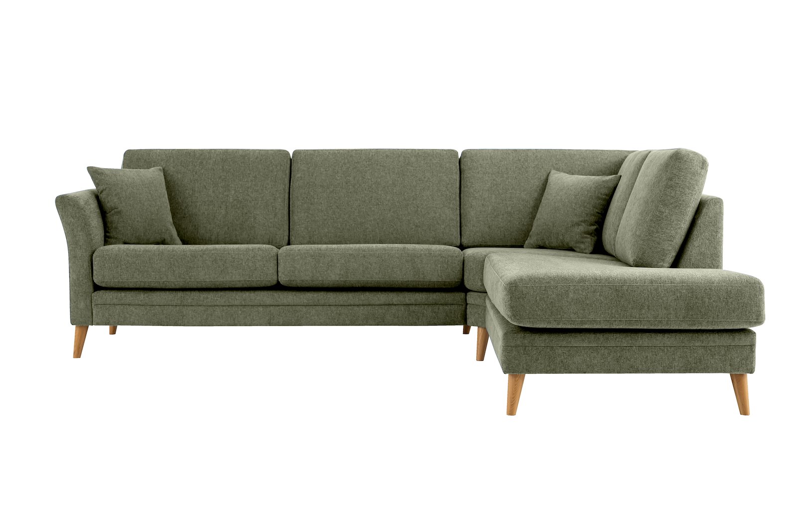 Eden hjørnesofa 2,5-seter med åpen ende høyre. Tekstil Thor 17 Green med ben i eik natur (15137).