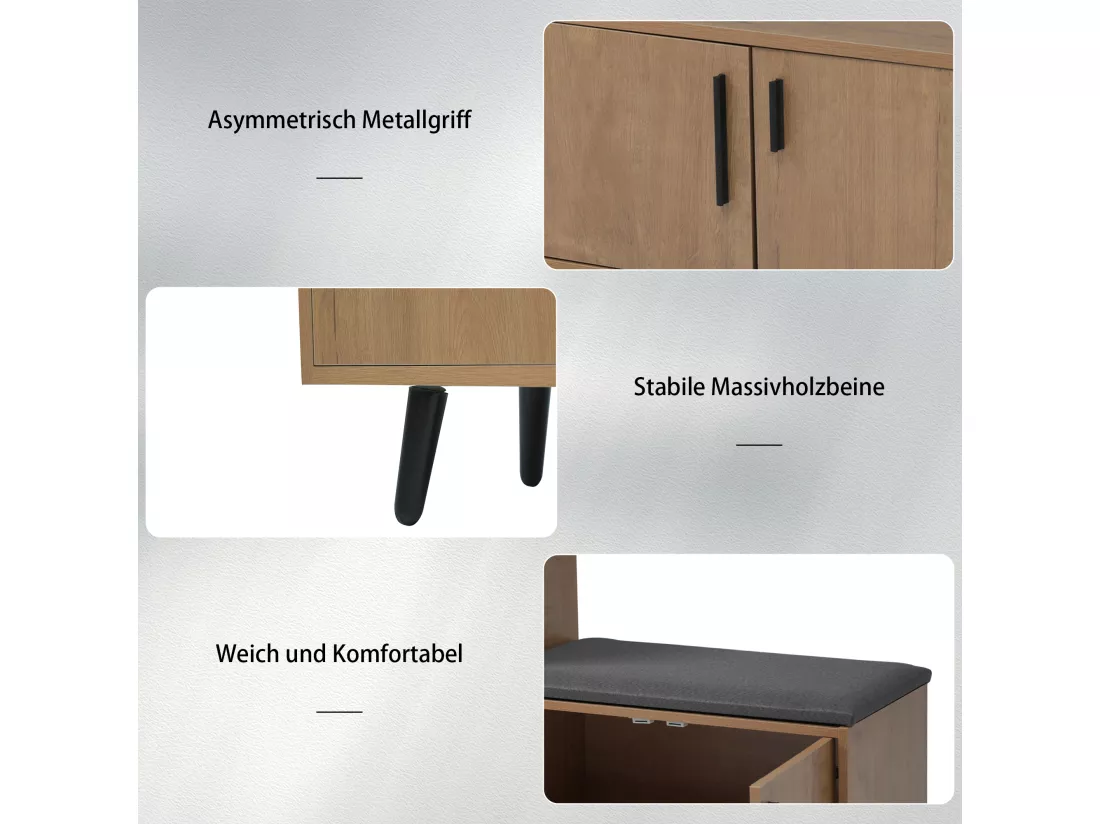 Banc à chaussures moderne avec 3 portes et coussin - pièds et poignées en métal - coloris naturel - 100 x 34 x 69 cm