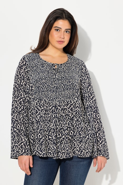 Bluse, gesmokt, Rundhals, ausgestellter Langarm