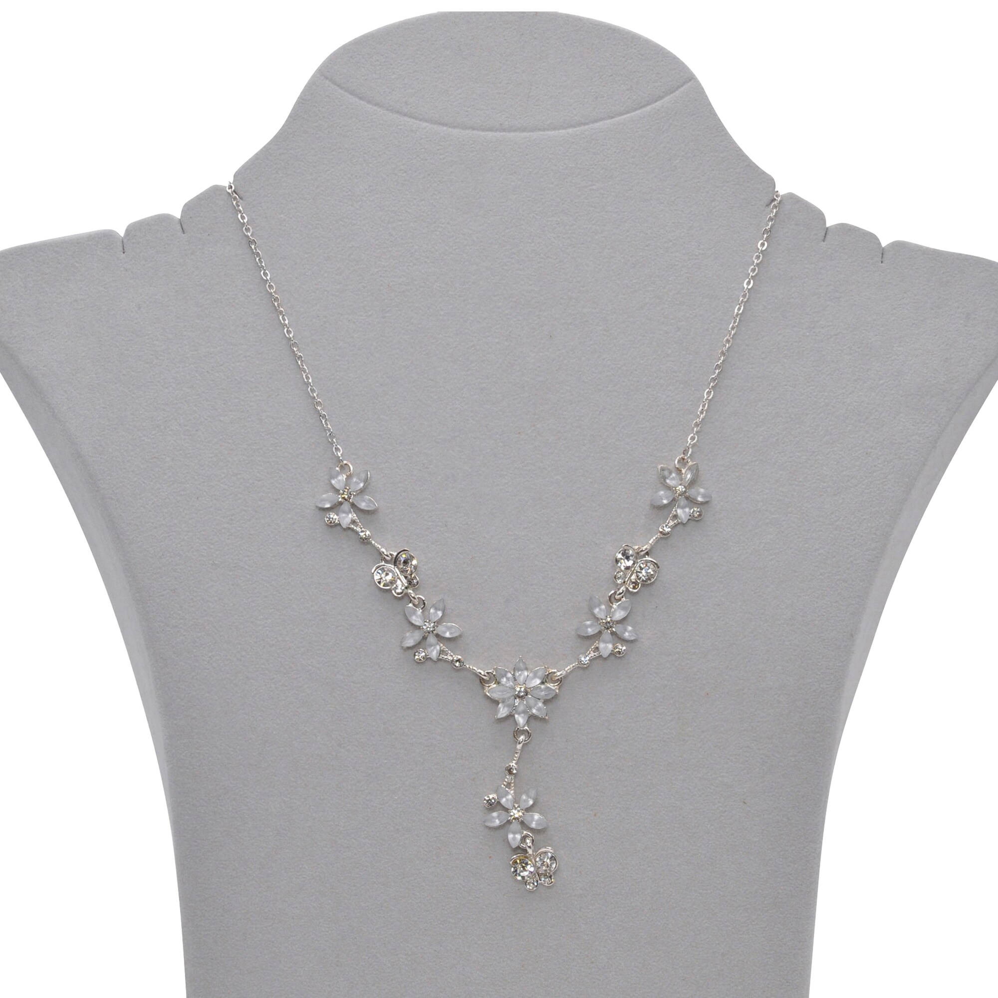 Steuer Modeschmuck Collierkette Metall Y-Collier silberf. Mit Blumen und Schmetterlingen