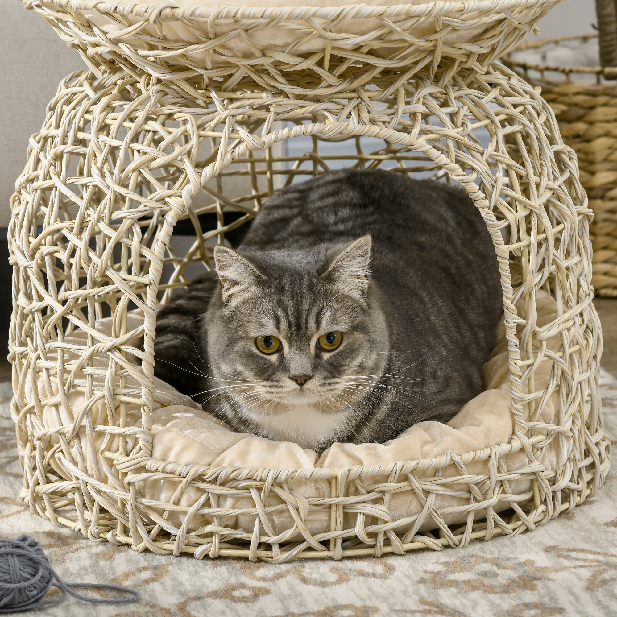 PawHut Rattan Katzenkorb mit Kissen beige 42L x 42B x 40H cm