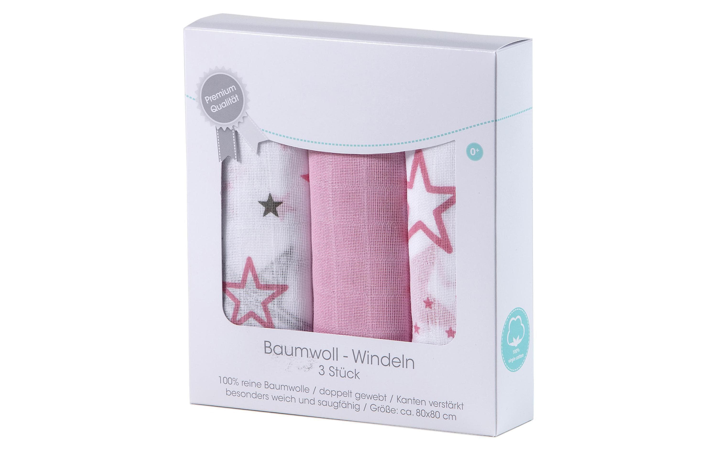 Mulltuch 3-er Set 80 x 80 cm Pink und Weiss SterneMulltücher 80 x 80 cm Pink / Weiss