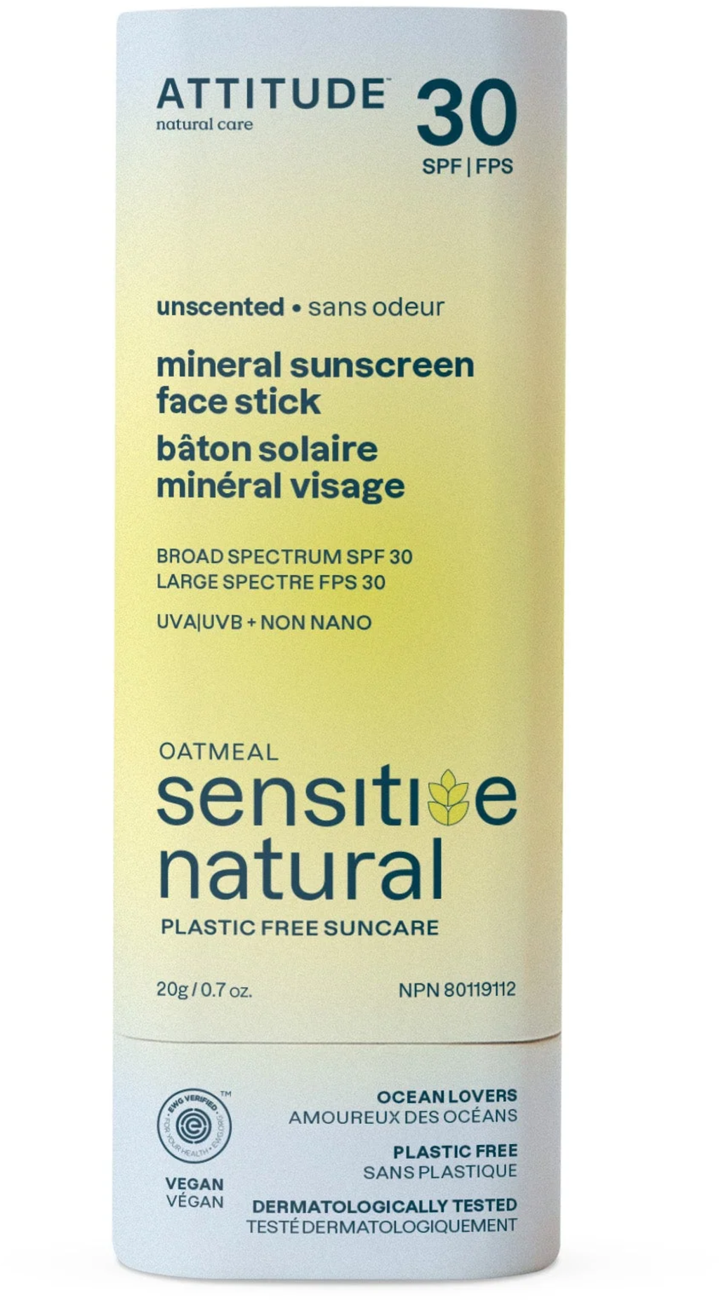 ATTITUDE  Oatmeal Sensitive Sunscreen Face Stick SPF 30, 20 g