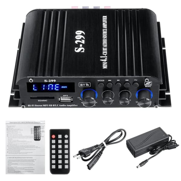 NÖRDIC Bluetooth 5.0 stereo 2.1 forsterker 4X40W + 50W RMS forsterker 2 høyttalere og subwoofer med USB og SD mediespillerinngang