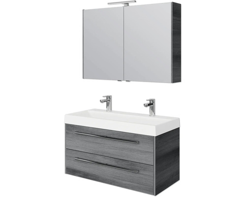 Pelipal Milano badkamermeubelset, BxHxD 100 x 200 x 45 cm, fronten in grafietstructuur (horizontaal patroon), met dubbele wastafel in wit gegoten mineraal, SET-138-044