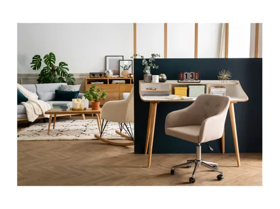 Chaise de bureau à roulettes capitonnée en tissu bleu canard et acier chromé BALTIK