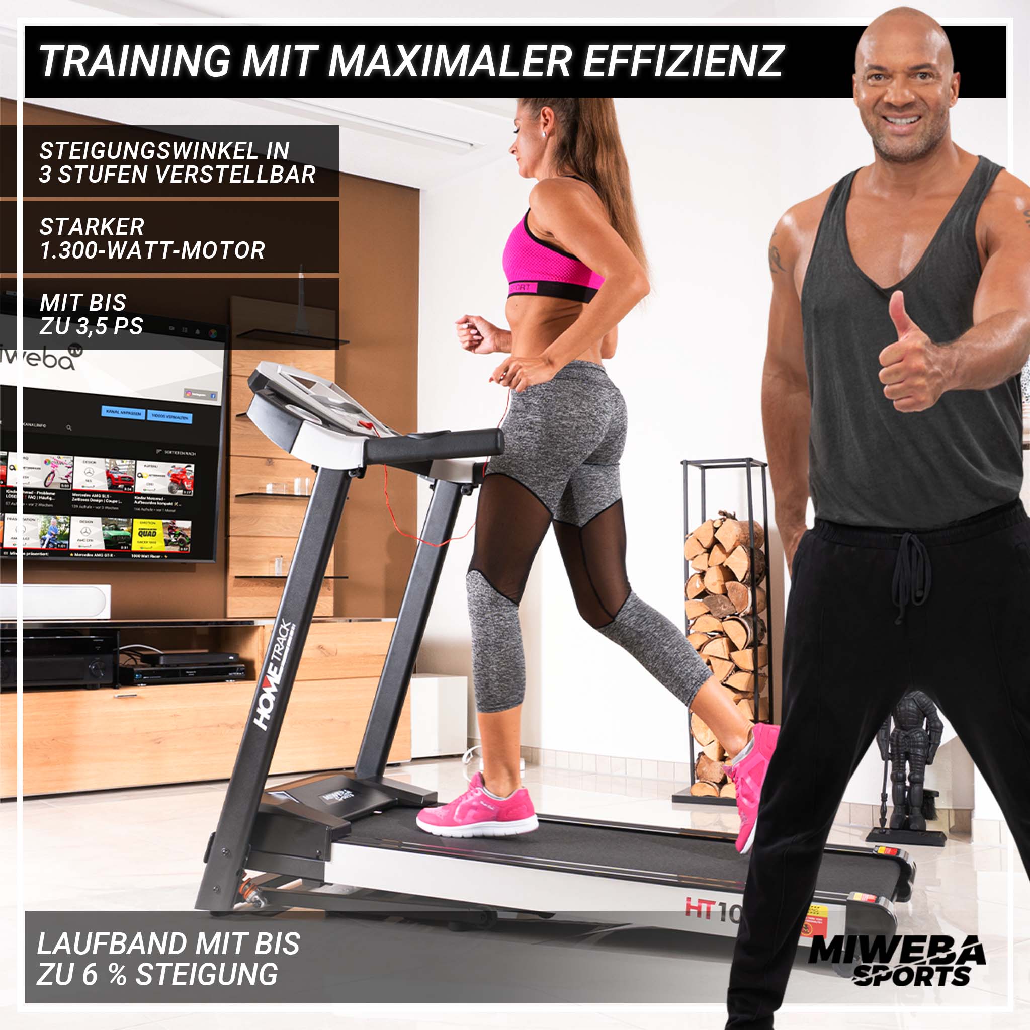Miweba Sports Laufband Home Track HT1000F, klappbar, mit Steigung, 1-16km/h, Quick-Speed, Safety-Key (Schwarz)