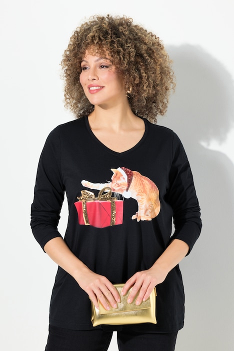 Weihnachtsshirt, Katze, A-Linie, V-Ausschnitt, Langarm