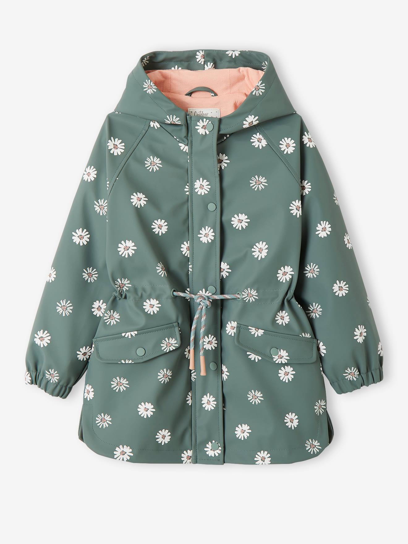 Capa de chuva com capuz e estampa de bolinhas, para meninas, verde médio.