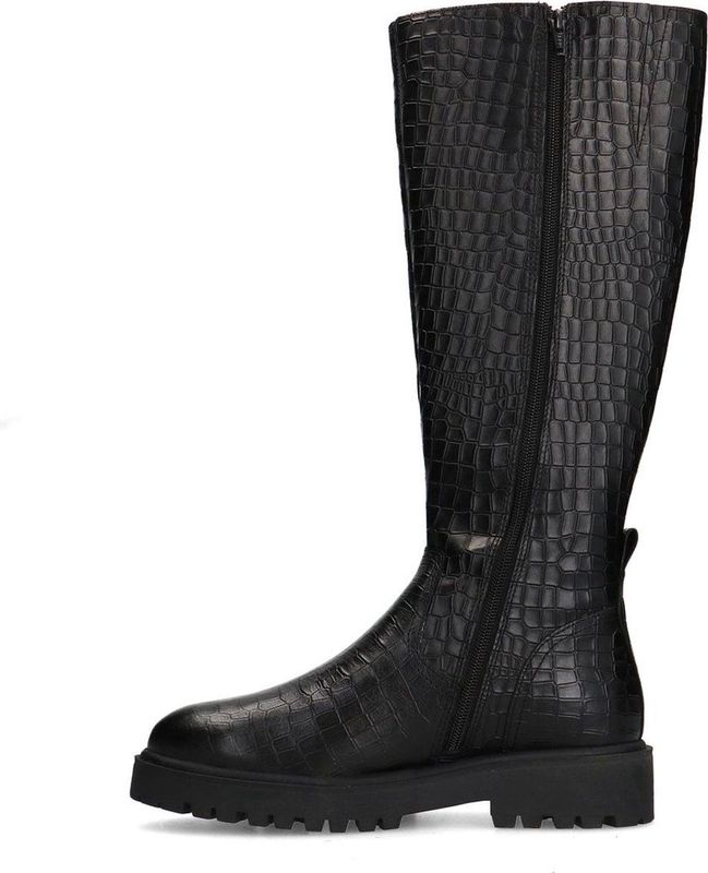 Manfield - Zwarte Leren Hoge Croco Laarzen - Ritssluiting - Hak 4 cm