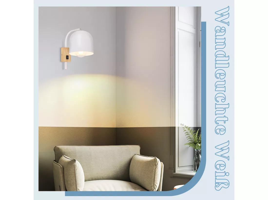 NETTLIFE Applique murale en bois avec interrupteur - Spot mural 1 flamme E27 Blanc Lampe de couloir 330° ,Sans ampoule