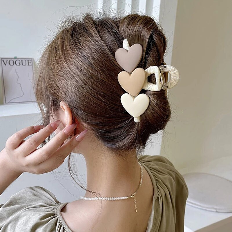 (11cm) Haarspange Klammer Herz Krallen Clip Haarschmuck  - Braun / Weiss
