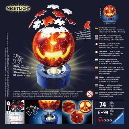 Ravensburger 3D Puzzle Kürbiskopf Nachtlicht 11253 - Puzzle-Ball - 72 Teile - für Halloween Fans