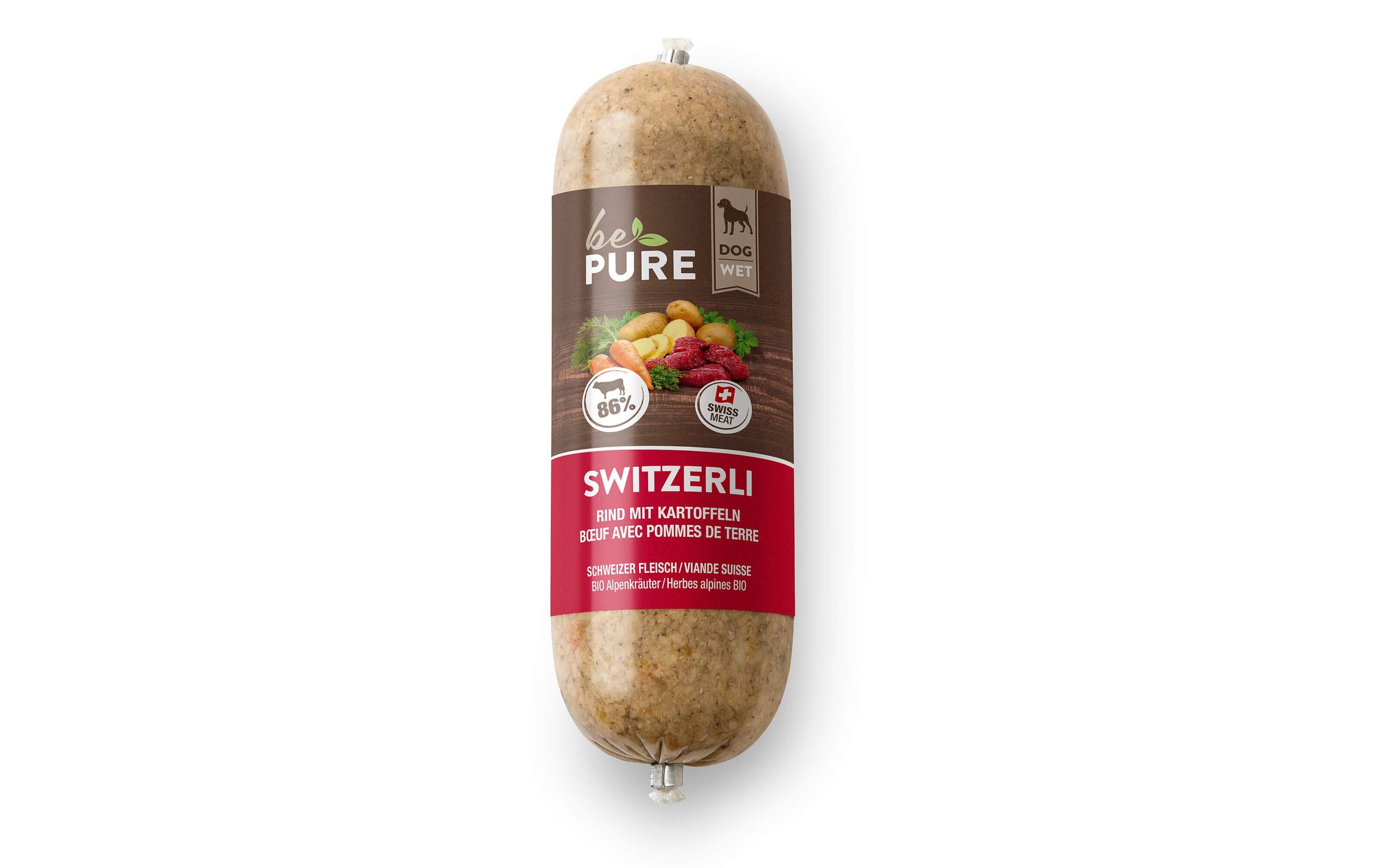 Nassfutter Switzerli mit Rind und Kartoffeln 400 gWurst als Snack oder Alleinfuttermittel für Hunde