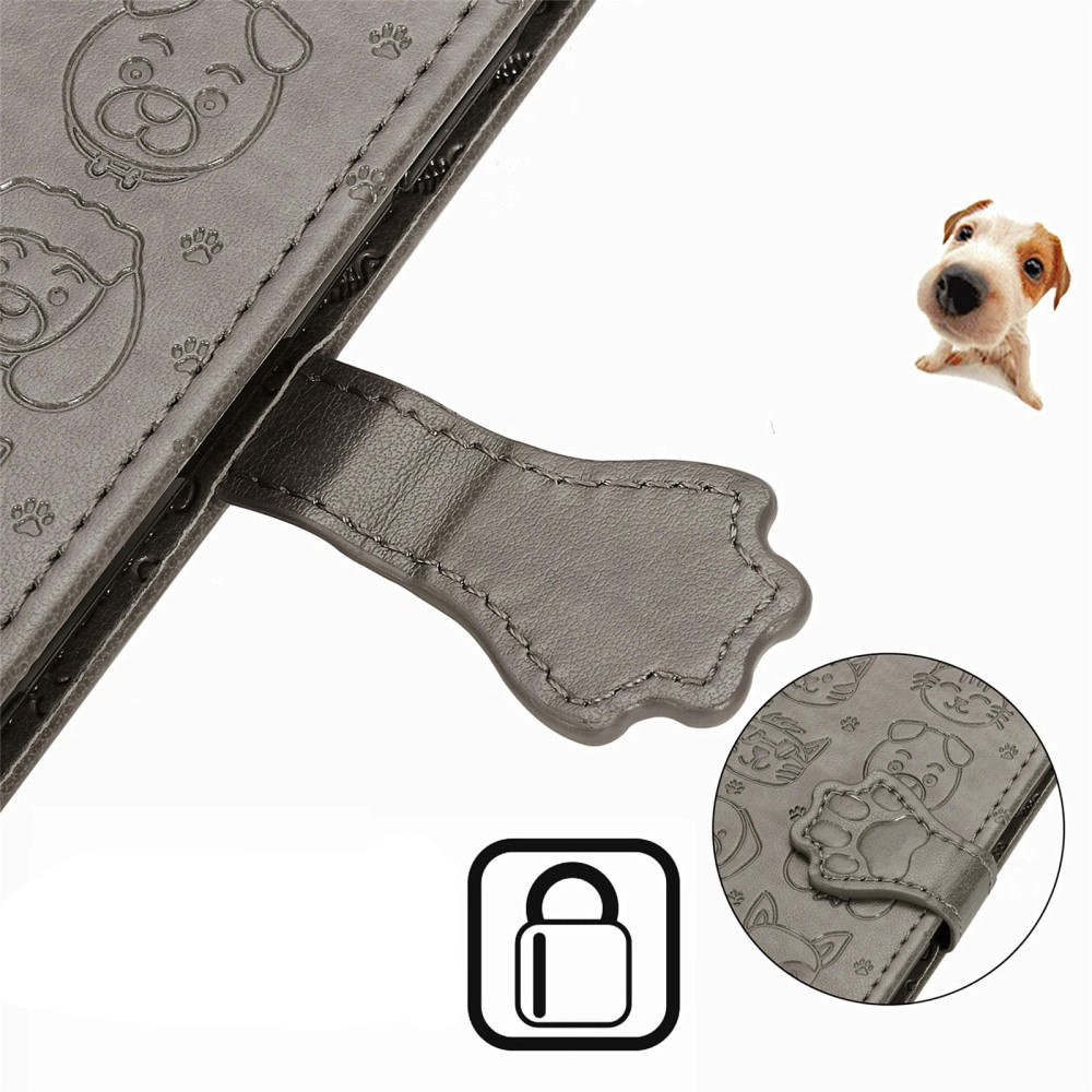 iPhone SE (2022/2020) / 8 / 7 / 6S Leder Tasche Flip Cover Hunde & Katzen Imprint - Grau