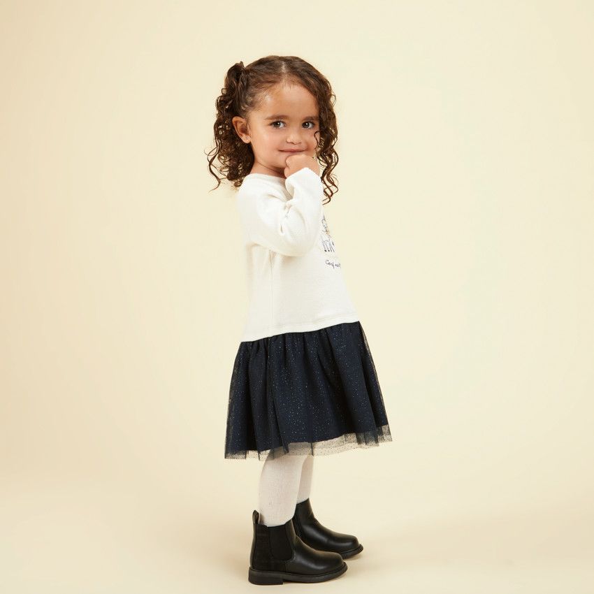 Robe effet 2 en 1 en tulle pailleté motif cerf pour bébé fille - Ecru