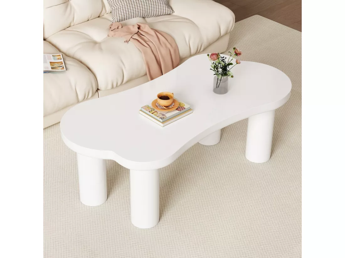 Table basse asymétrique avec 2 tabourets - en MDF + pieds en PVC - 113x58x40.5cm - Blanc
