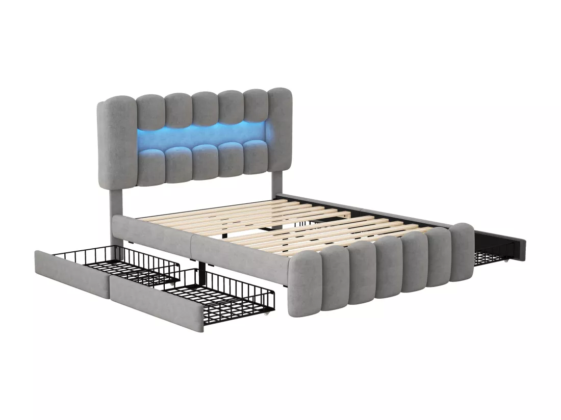 Lit rembourré en velours - 160x200cm - 4 tiroirs + LED + Ports de recharge + Lecteur - Gris