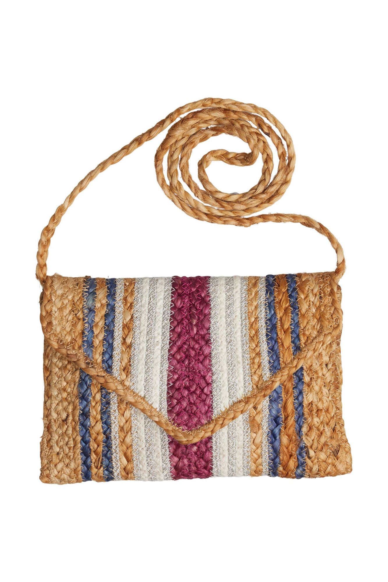Bolsa carteira de juta trançada com listras multicoloridas - Multicolorida