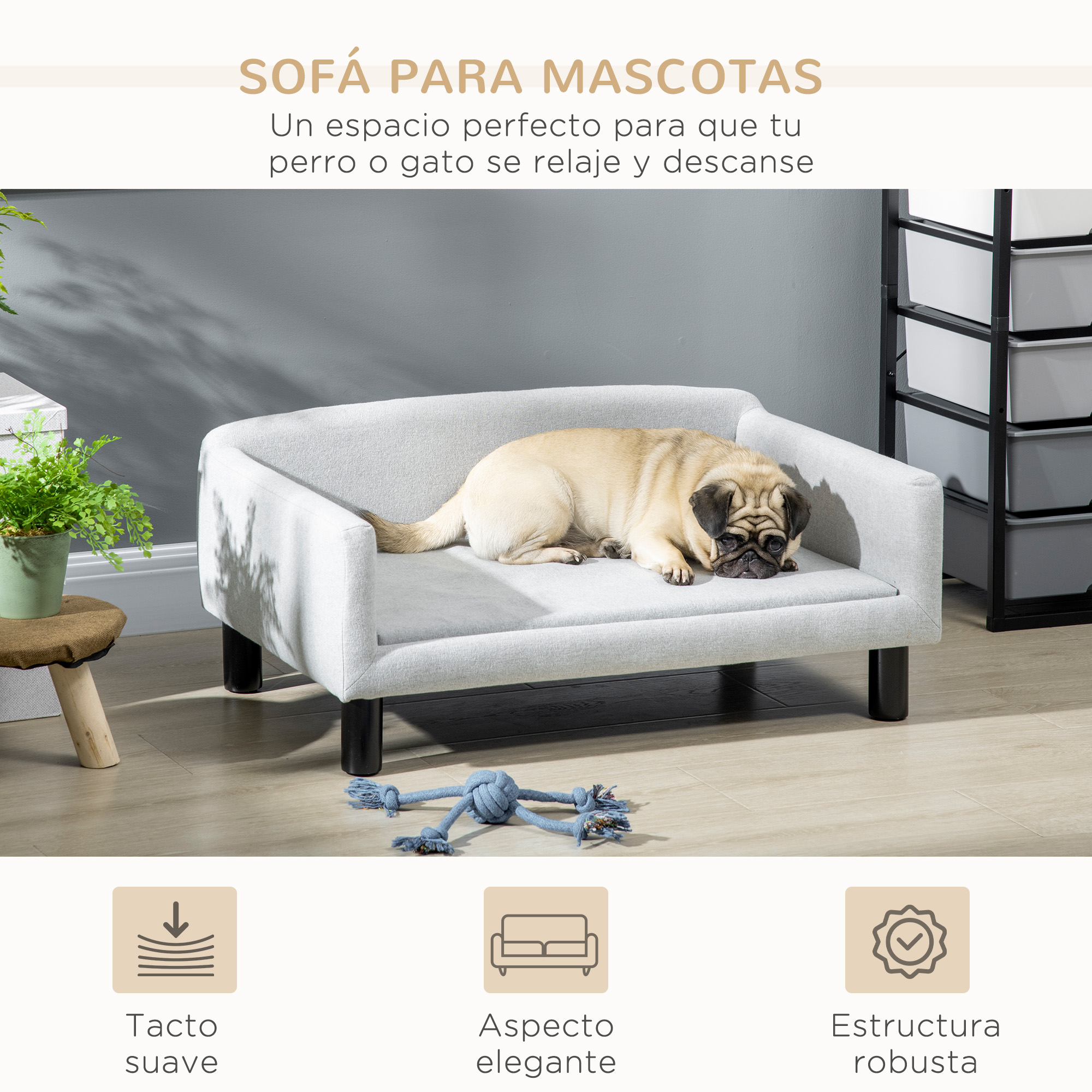 Sofá elevado para cães PawHut de tamanho médio com pés de madeira, suporta até 20 kg, dimensões 82 x 54 x 36 cm, cor cinza.