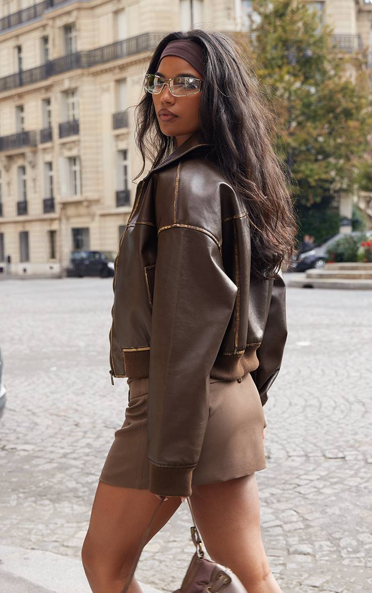 Marron Veste Bomber Courte En Synthétique Avec Détails Délavés