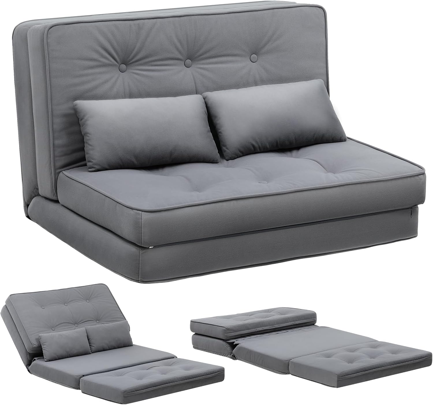 COMHOMA Ausziehbares 2-Sitzer-Sofa, kleines Bett, Sofa, verstellbare Rückenlehne, 6 Ebenen, geeignet für Wohnzimmer, Schlafzimmer und Camping, Grau