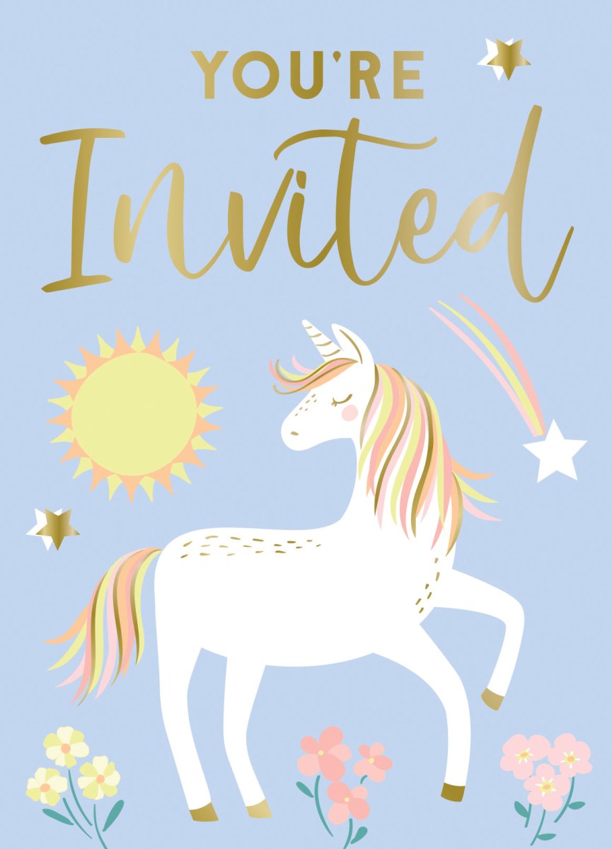 Unicorn Uitnodigingen Blauw/Goud 8st