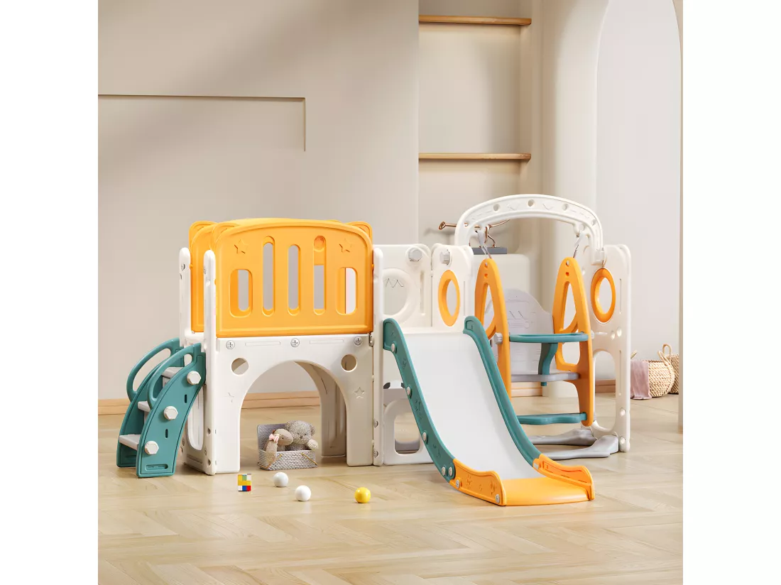 Toboggan pour enfants 7 en 1 - composé d'un toboggan, d'une balançoire, d'un panier de basket, d'un escalier, d'un tunnel, d'un passerelle et d'un rangement - Polyéthylène - Vert