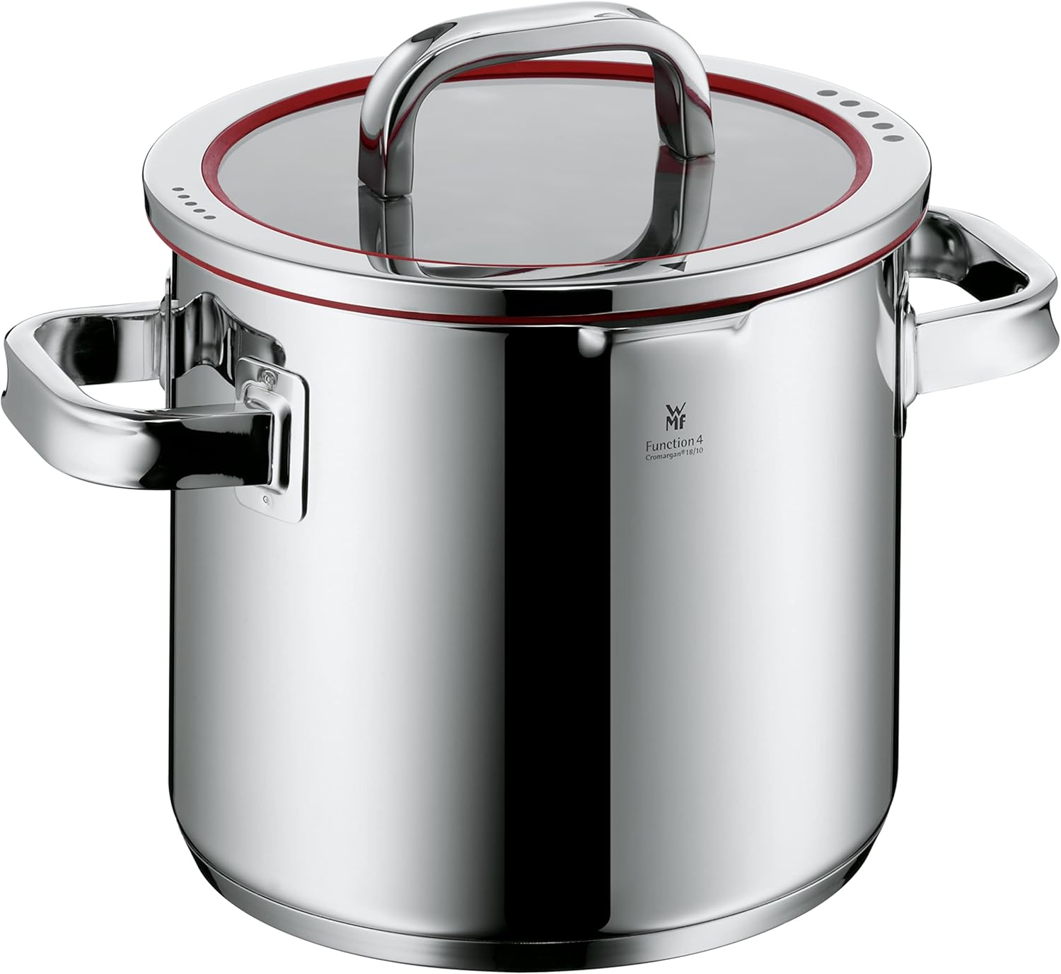 WMF Function 4 Gemüse- Suppentopf Induktion 20cm, Glasdeckel, Kochtopf groß 5,3l, Cromargan Edelstahl poliert, 4 Abgießfunktionen, großer Topf mit Innenskalierung, rot
