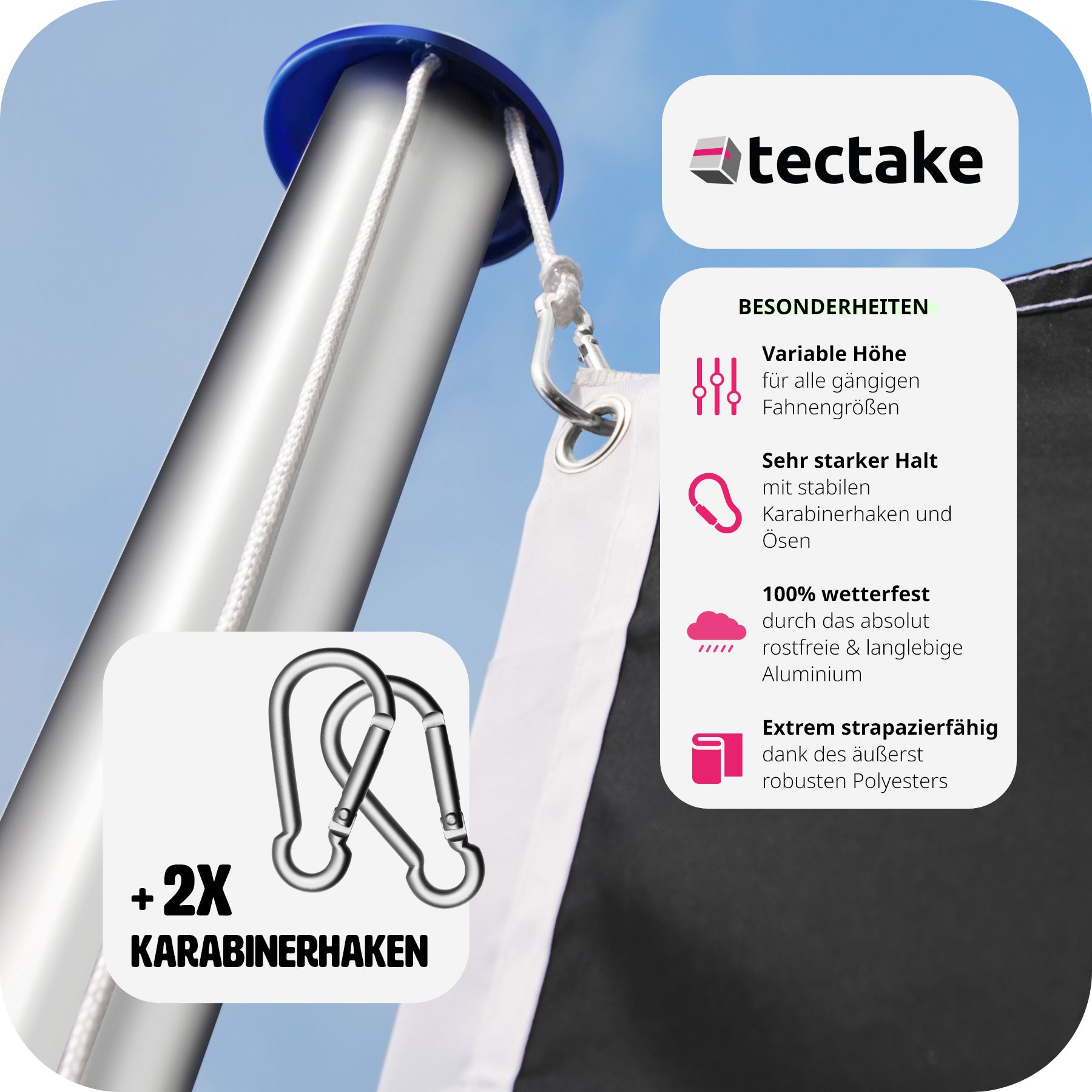 tectake® Fahnenmast, aus Aluminium, 6,25 m, inklusive Seilzug und Bodenhülse